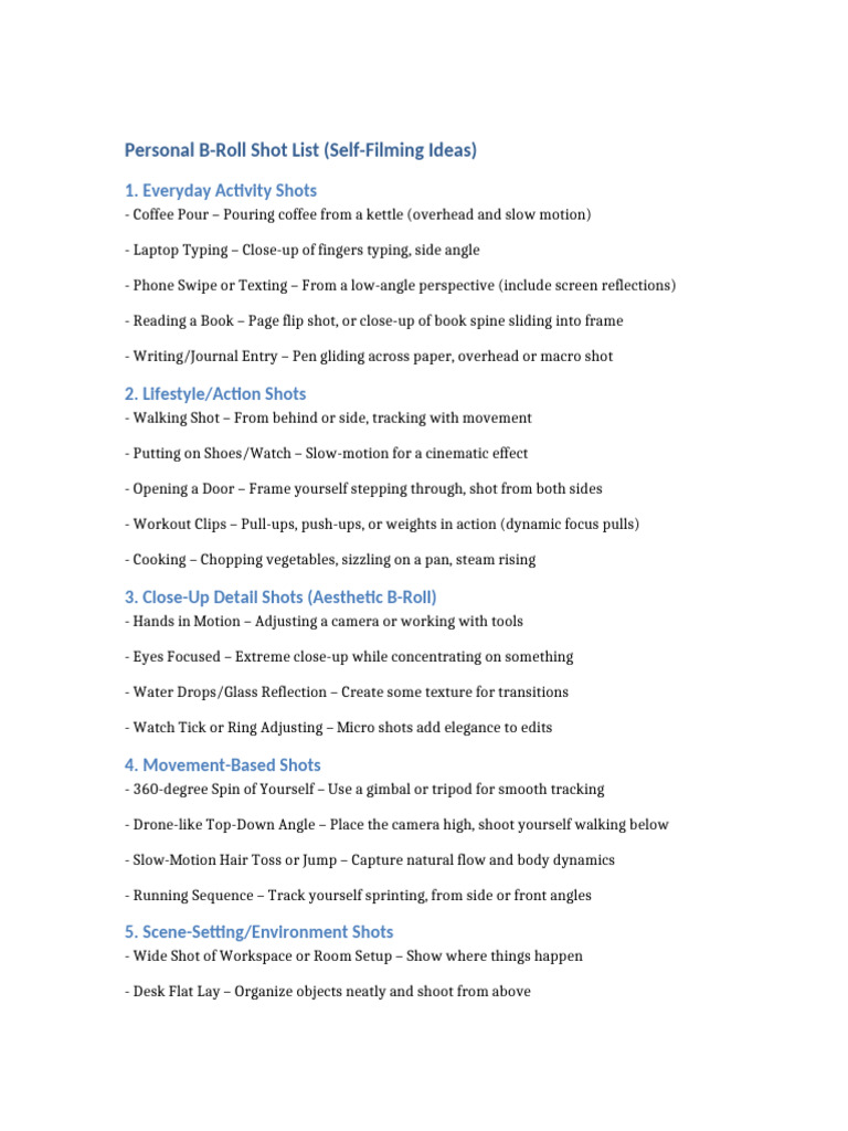 Personal B-Roll Shot List Ideas | PDF | Camera