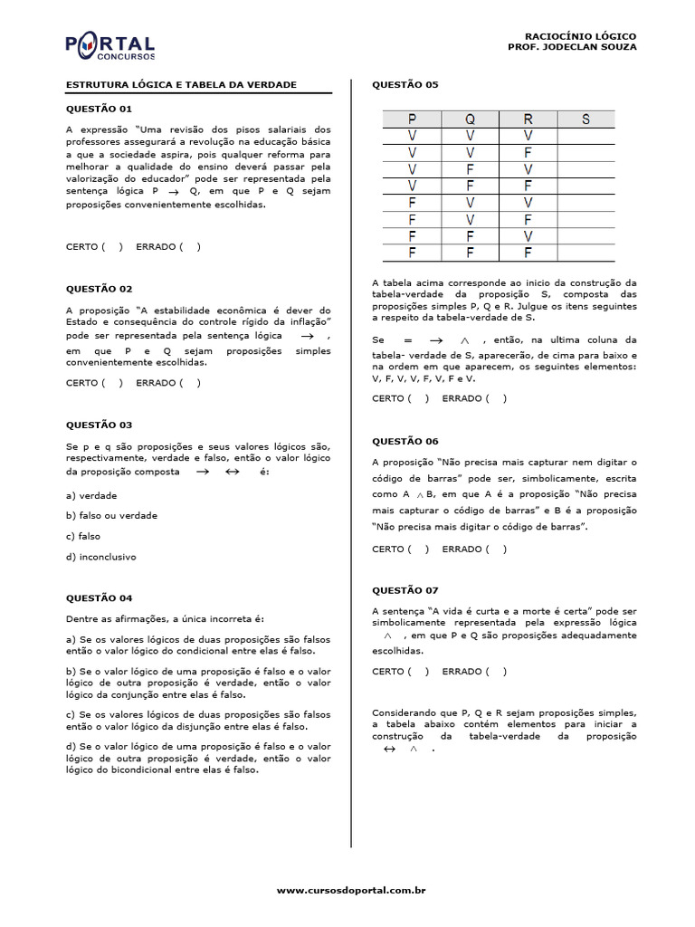 Raciocínio Lógico: Questões e Tabela Verdade | PDF | Lógica matemática ...