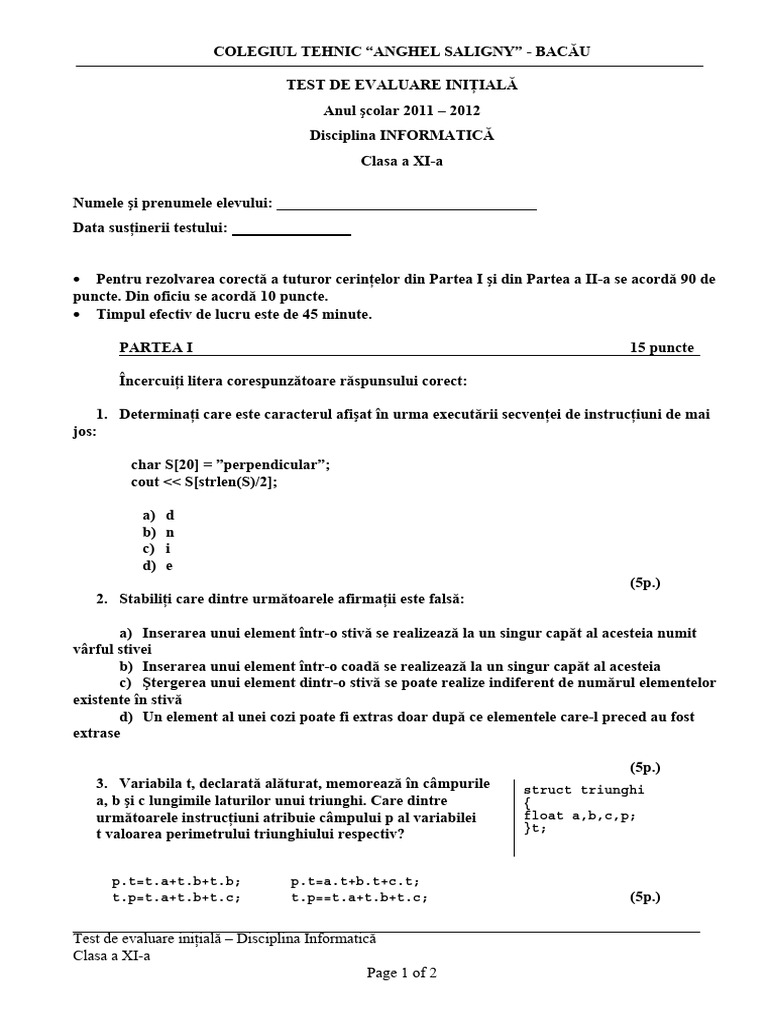 Test Initial Clasa A Xia Informatica | PDF