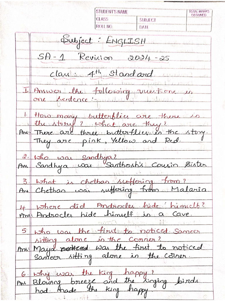 Class 4 English SA-1Revision | PDF