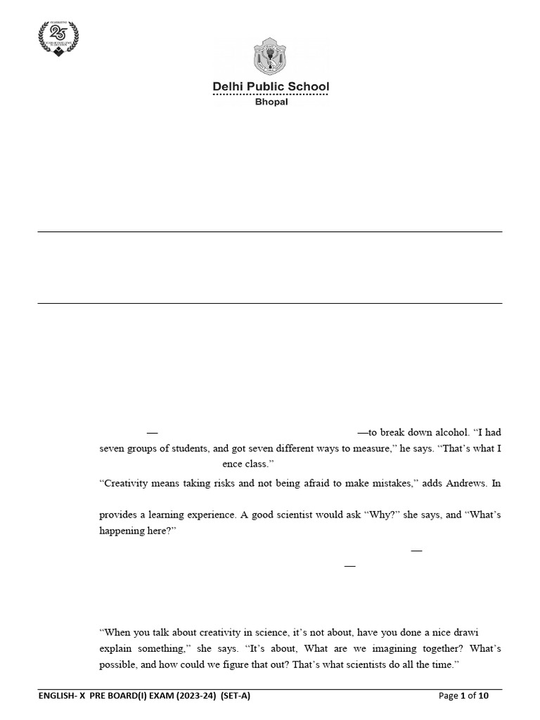 Class X English Pre Board Exam 2023-24 | PDF | Creativity | Ecology