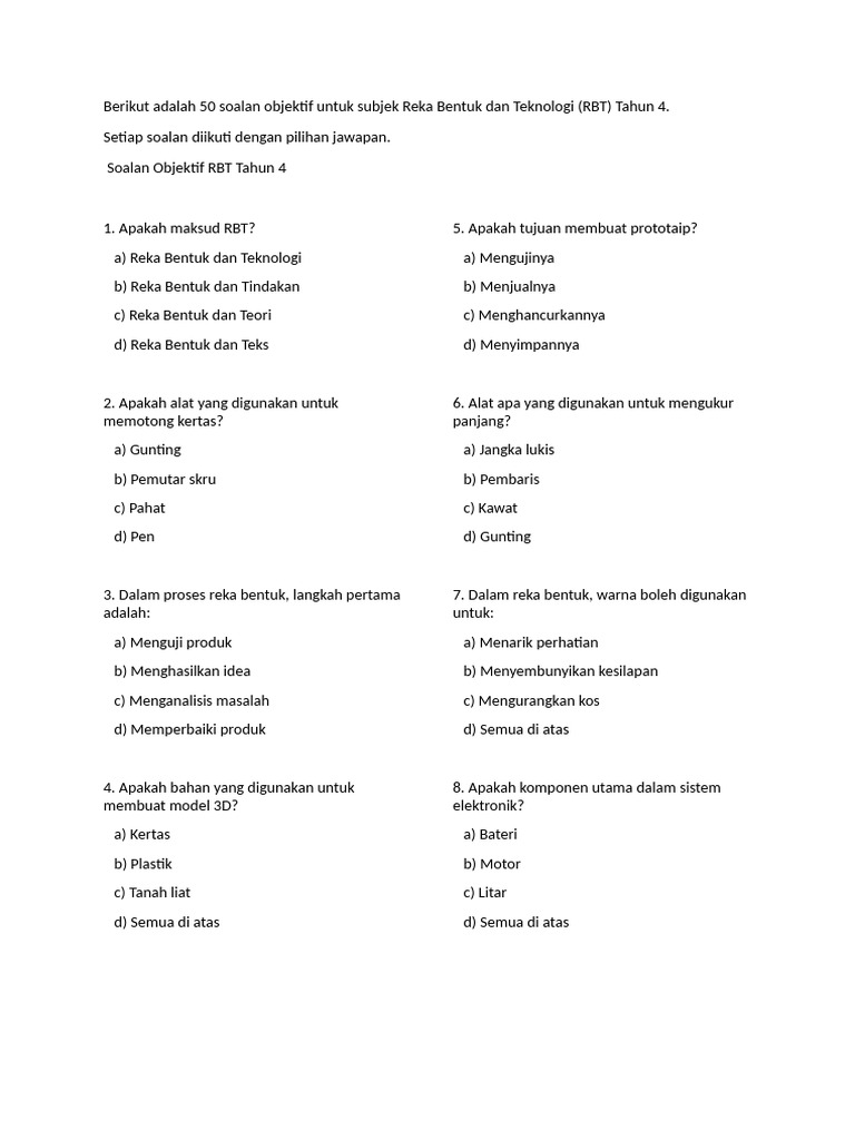 Soalan Objektif RBT Tahun 4 | PDF | Seni | Komputer