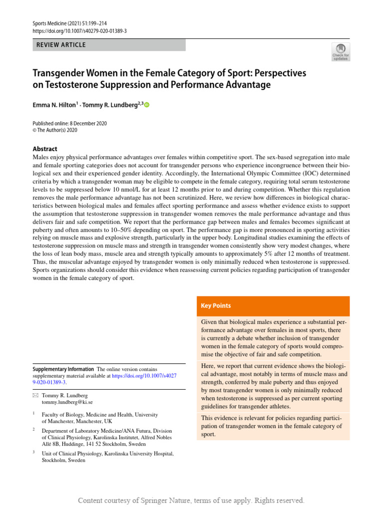 Transgender Women in The Female Category of Sport. Perspectives On ...