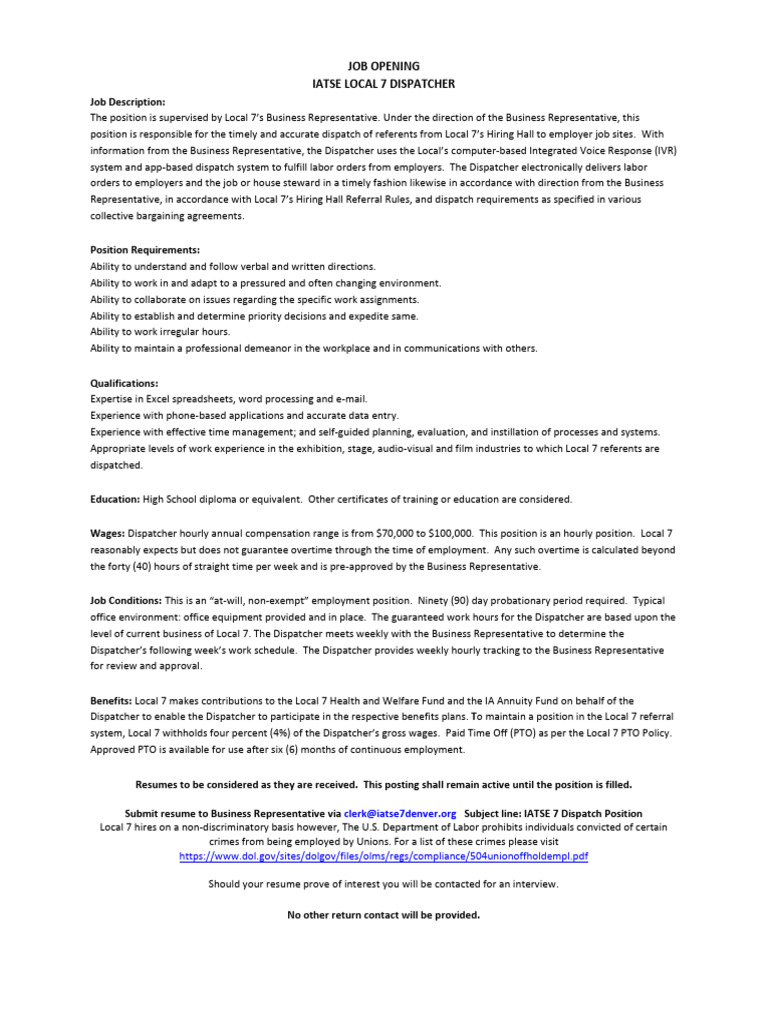 Dispatcher Job Opening 10-16-24 | PDF | Employment | Industrial Relations