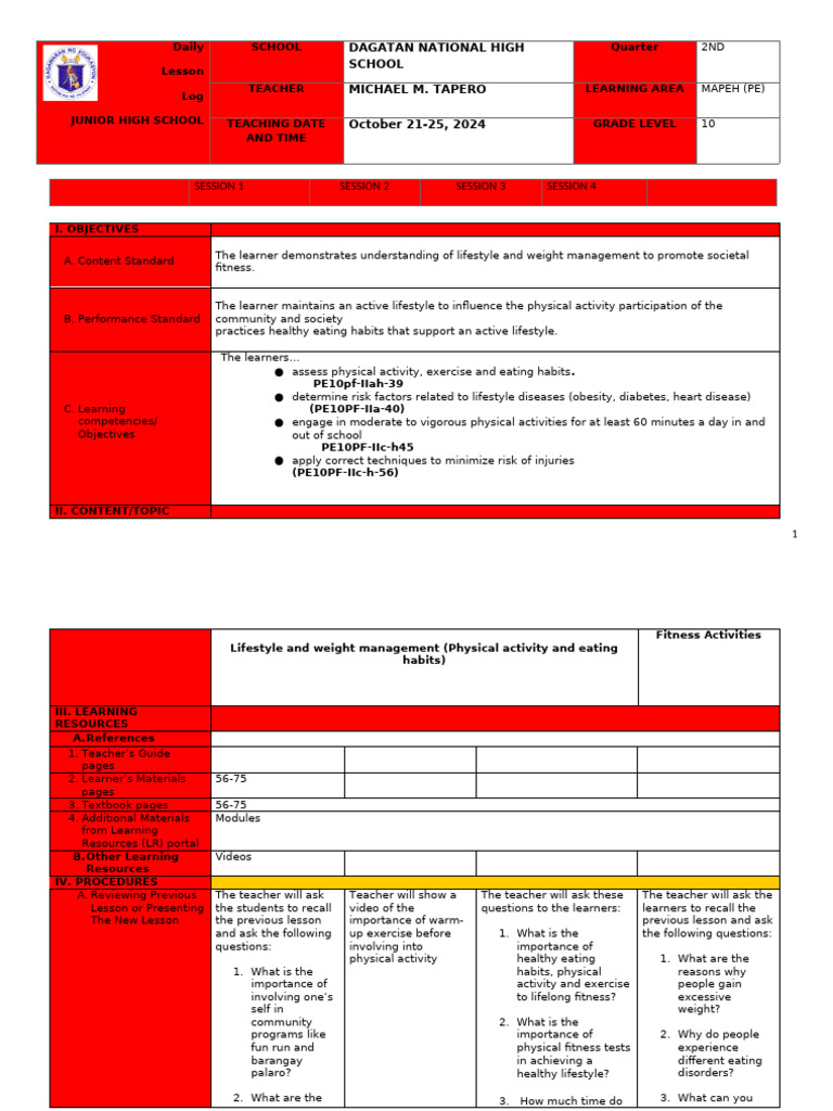 PE 10 DLL-W1 | PDF | Physical Fitness | Learning