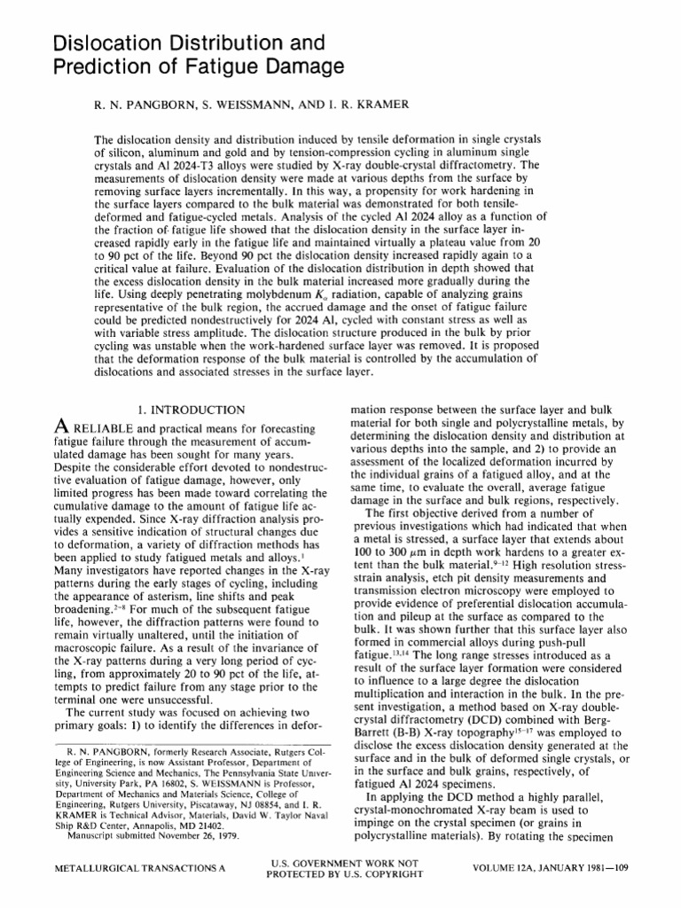 Dislocation Distribution and Prediction of Fatigue Damage | PDF ...