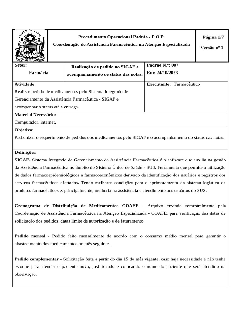Procedimento para Pedidos no SIGAF | PDF | Farmacêutico | Farmácia