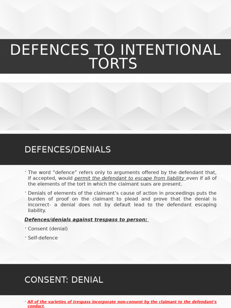 Defenses to Intentional Torts Explained | PDF | Tort | Trespass