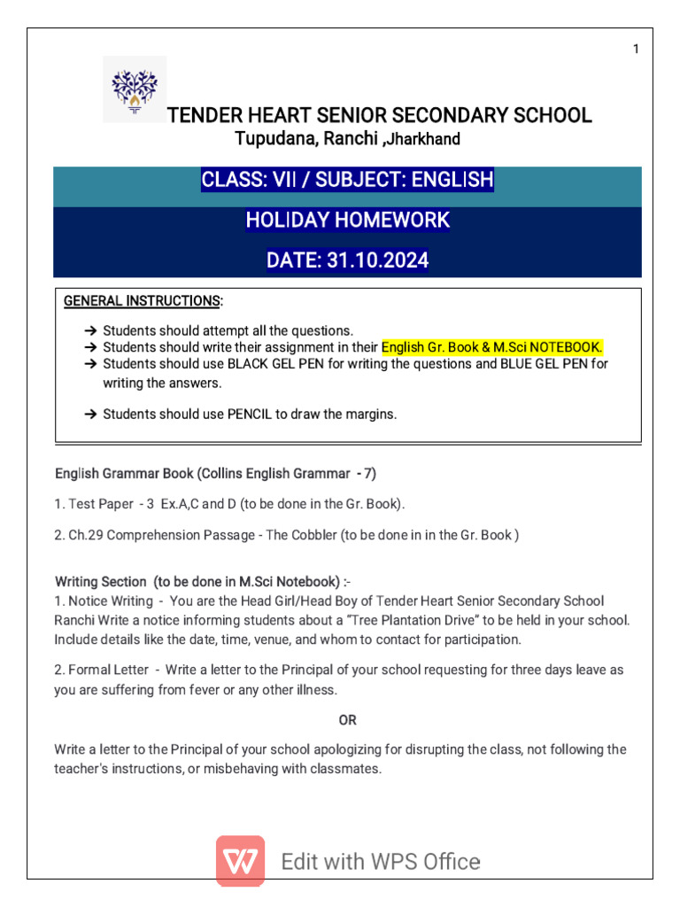 Class VII English Holiday Homework | PDF