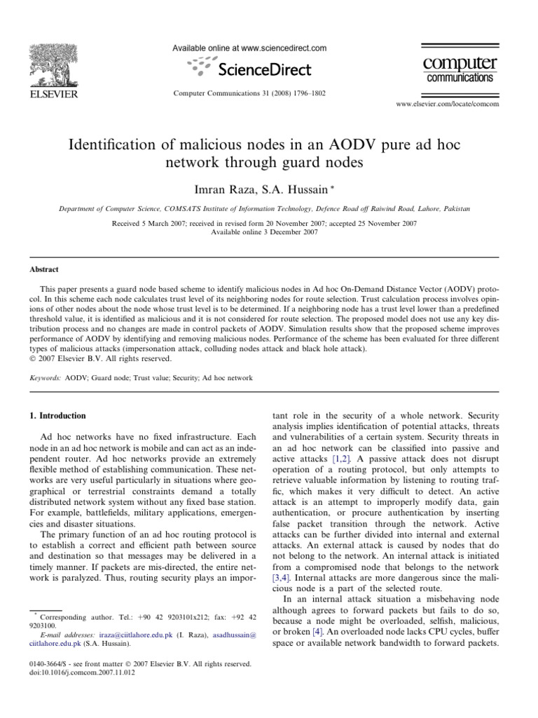 2008 Elsevier Identification of Malicious Nodes in An AODV Pure Ad Hoc ...