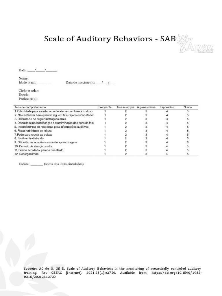 Scale of Auditory Behaviors Study | PDF