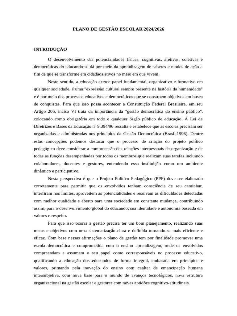 Plano de Gestão Escolar 2024-2026 | PDF | Pedagogia