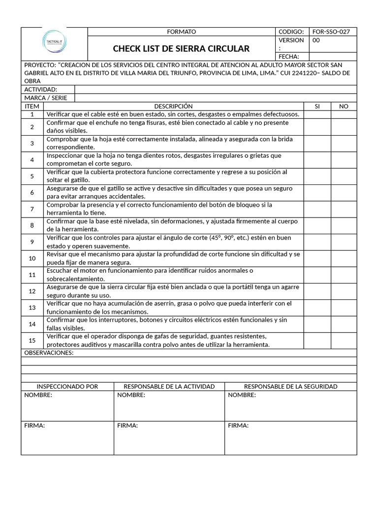 Checklist de Seguridad para Sierra Circular | PDF | Bienes manufacturados