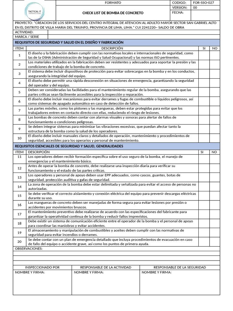 Checklist de Seguridad para Bomba de Concreto | PDF | Administración de ...