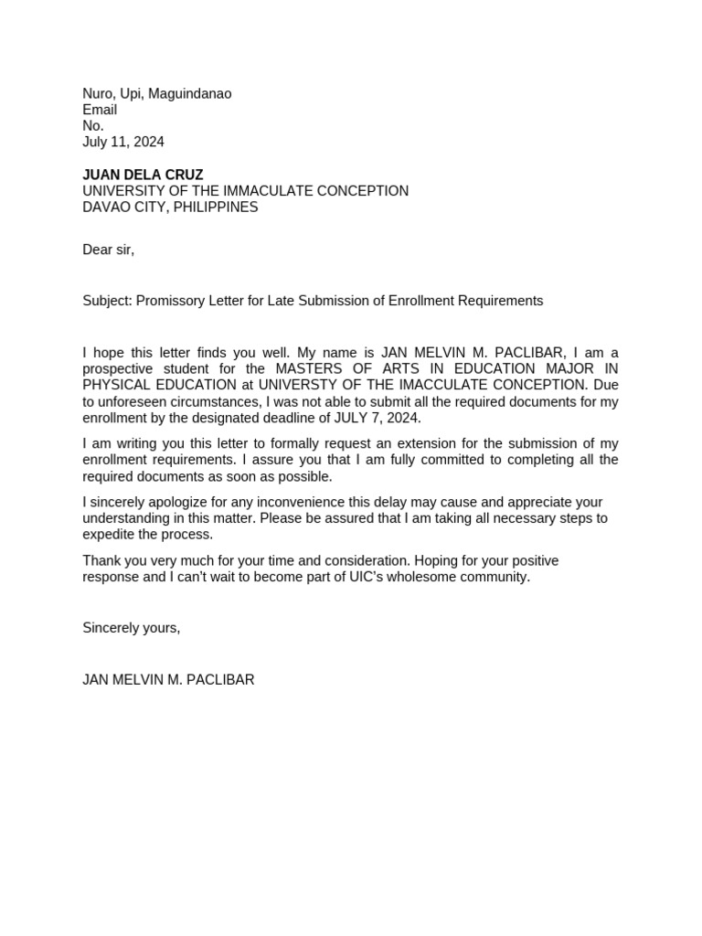 Promissory Letter for Enrollment Delay | PDF
