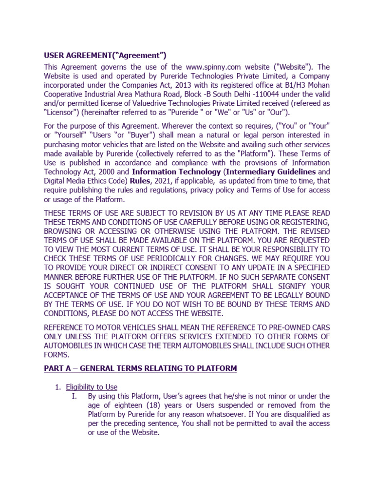 Spinny User Agreement Terms and Conditions | PDF | Indemnity | Legal Remedy