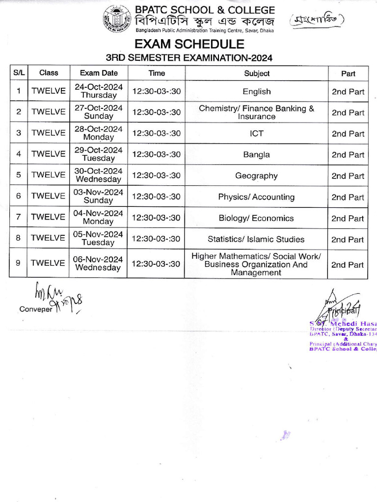 BPATC 3rd Semester Exam Schedule 2024 | PDF