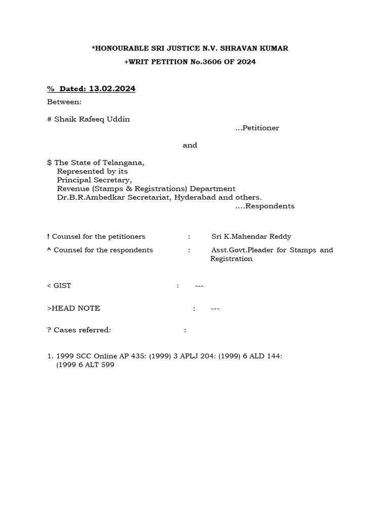 Telangana Writ Petition on Property Registration | PDF | Mandamus ...