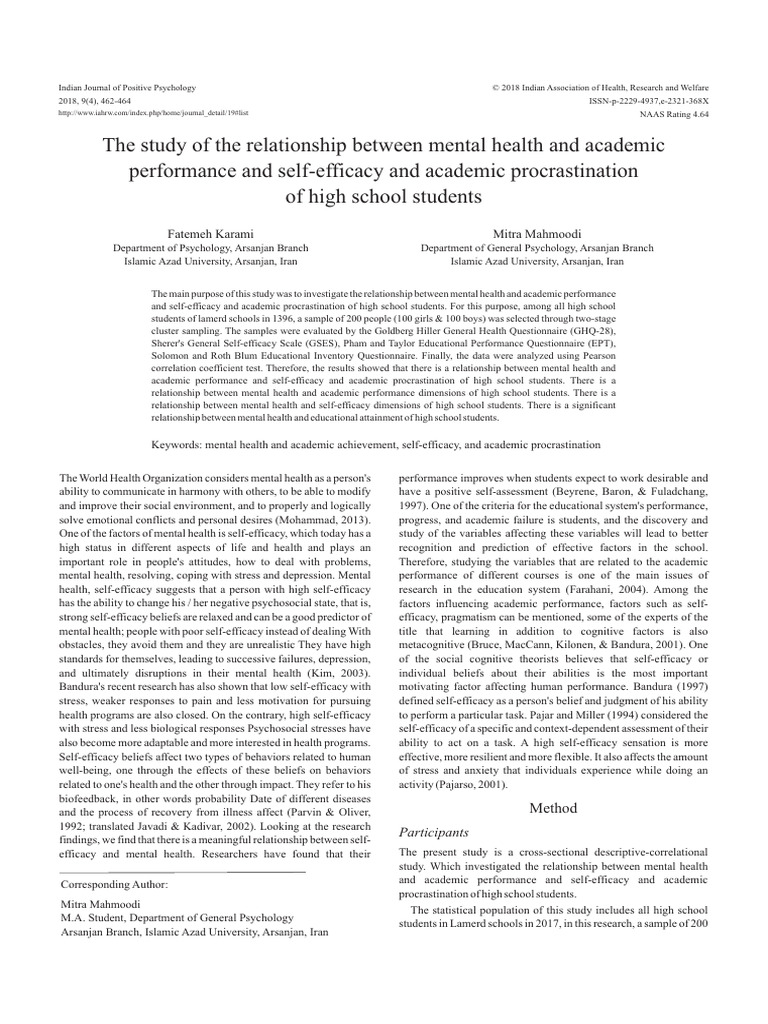 Mental Health and Academic Performance Study | PDF | Self Efficacy ...