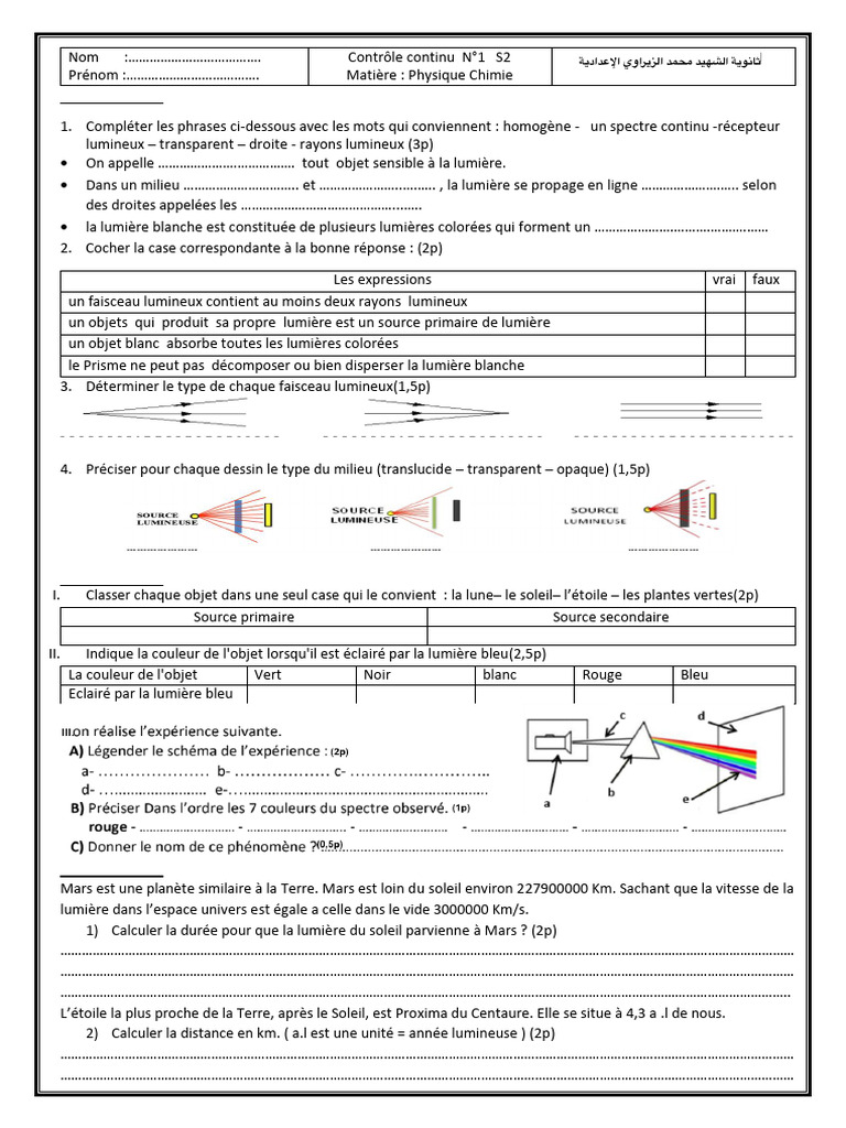 Contrôle de Physique Chimie 2AC S2 | PDF | Lumière | Électrodynamique