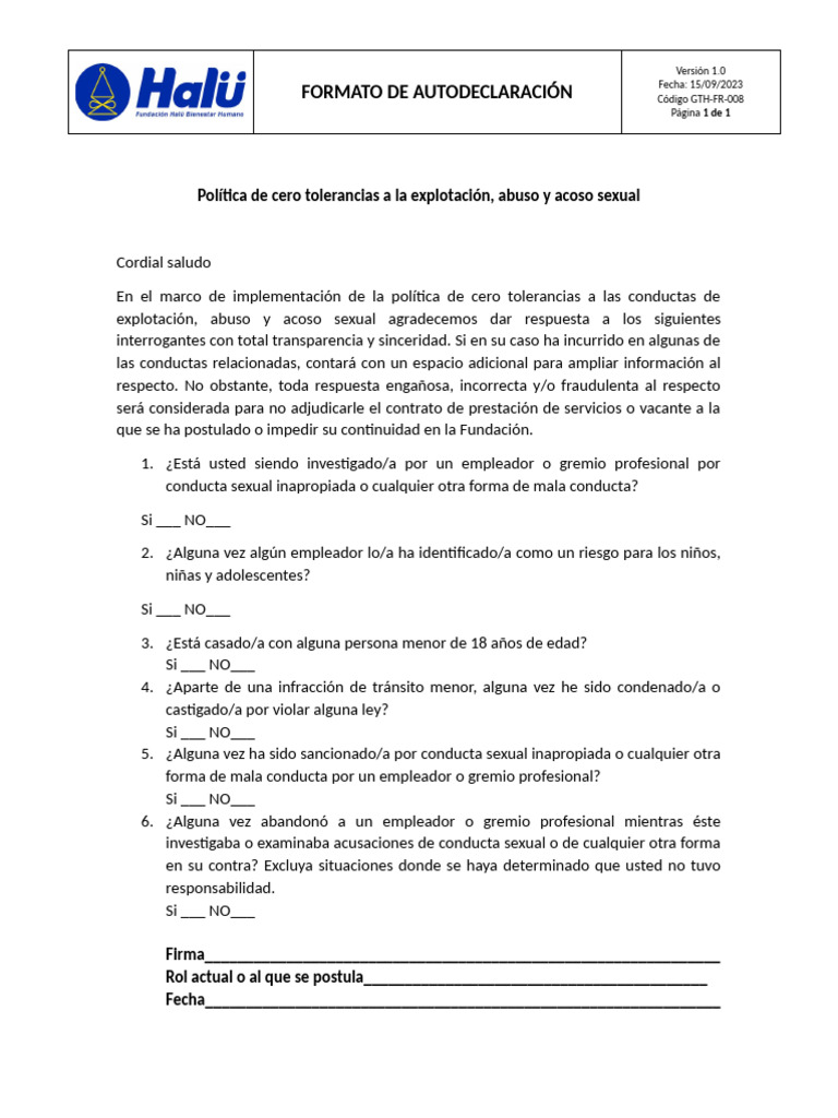 Autodeclaración de Conducta Sexual | PDF