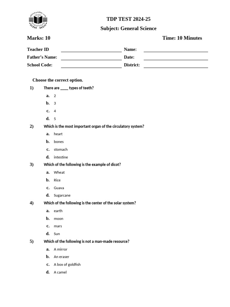 General Science TDP Test 2024-25 | PDF