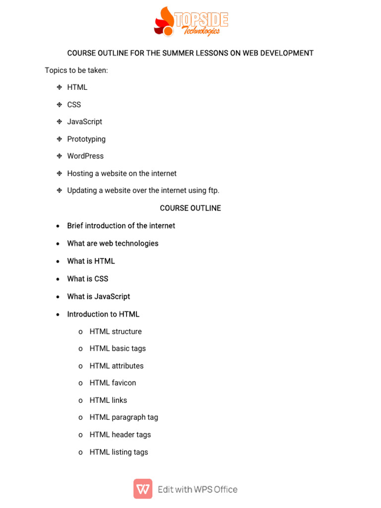 Course Outline For The Summer Lessons On Web Development | PDF | Web ...