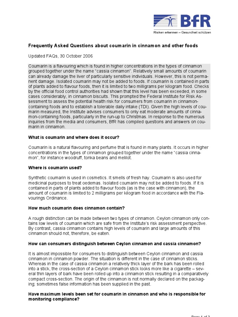 Frequently Asked Questions About Coumarin in Cinnamon and Other Foods PDF Cinnamon Foods