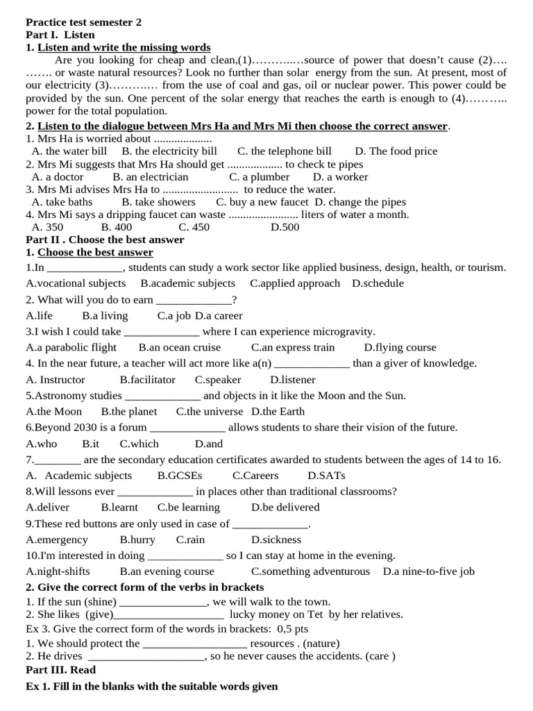 Practice Test Semester 2 | PDF | Water