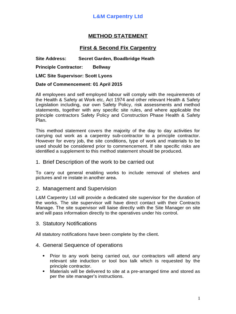 L&M Carpentry Method Statement Guide | PDF | Scaffolding | Personal ...