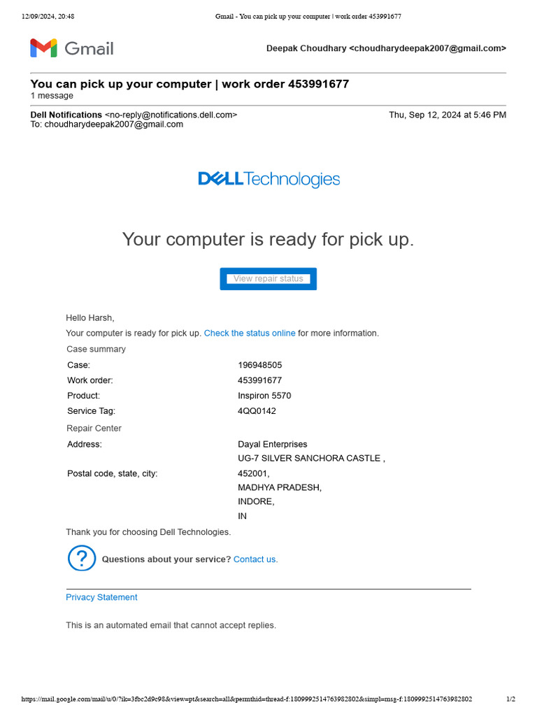 Gmail - You Can Pick Up Your Computer - Work Order 453991677 | PDF