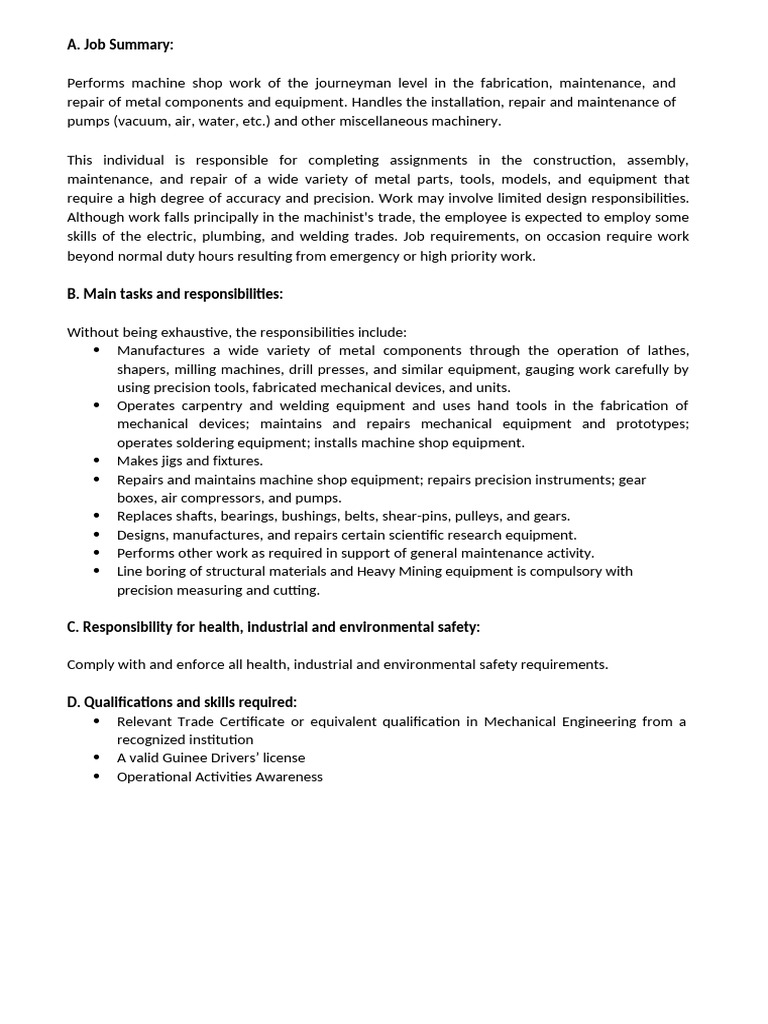 Journeyman Machinist Job Description | PDF | Machinist | Machines