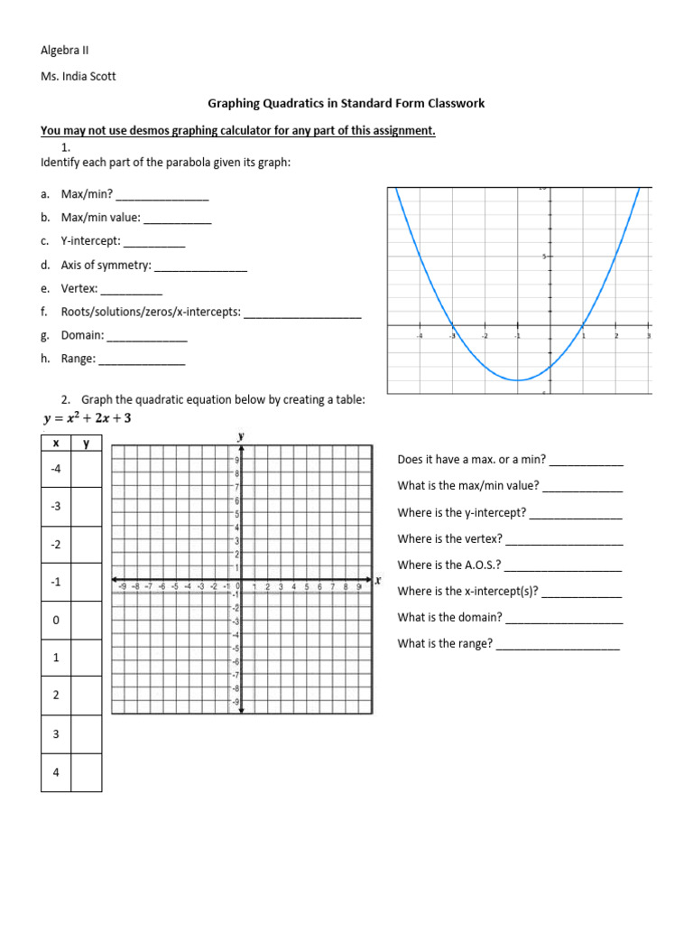 Graphing Quadratics in Standard Form CW | PDF | Quadratic Equation ...