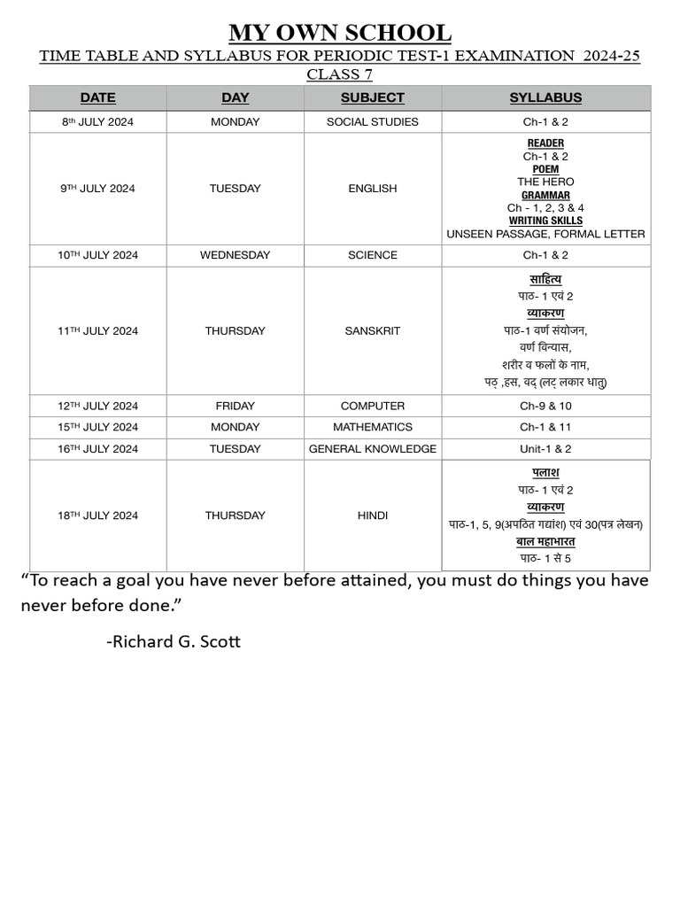 Class-7 Time Table & Syllabus For PERIODIC TEST-1 (2024-25) | PDF