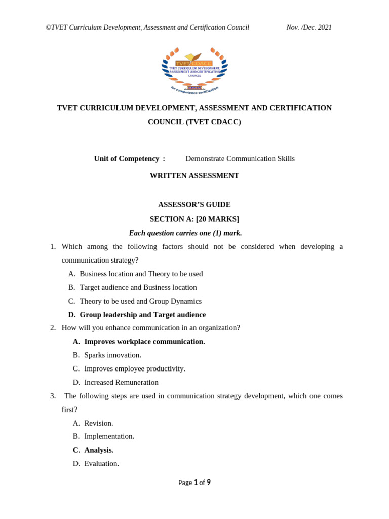 Assessors Guide Written Assessment Demonstrate Communication Skills