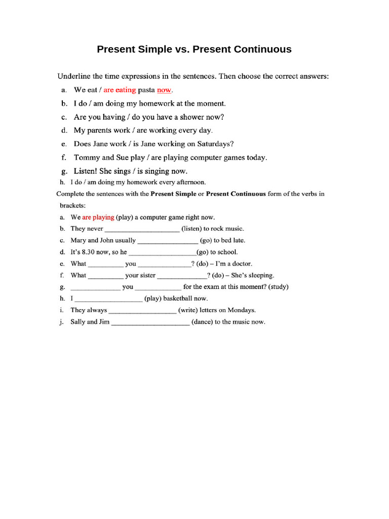 Present Simple vs. Continuous Exercises | PDF | Language Arts & Discipline