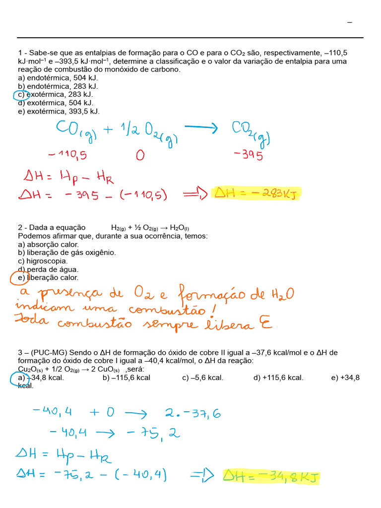 Exercícios de Química: Variação de Entalpia | PDF | Entalpia | Combustão