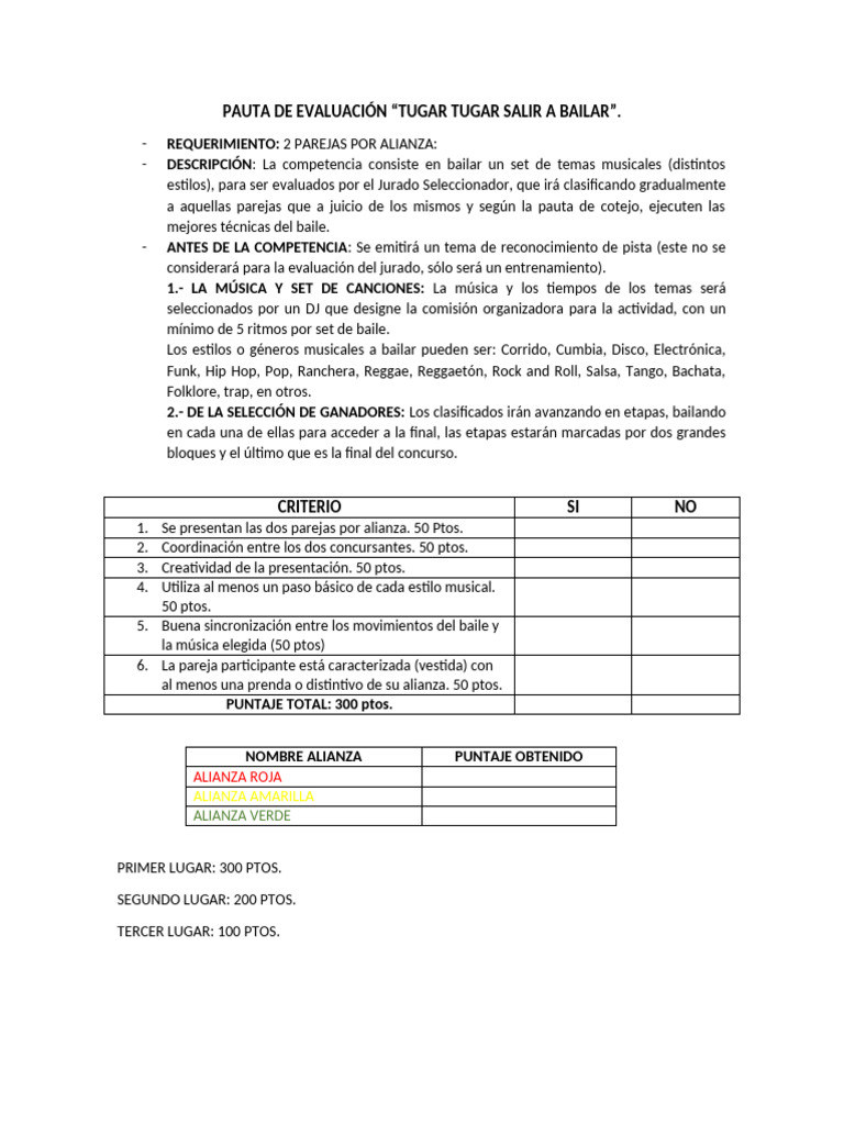 Evaluación Tugar Tugar: Salir a Bailar | PDF