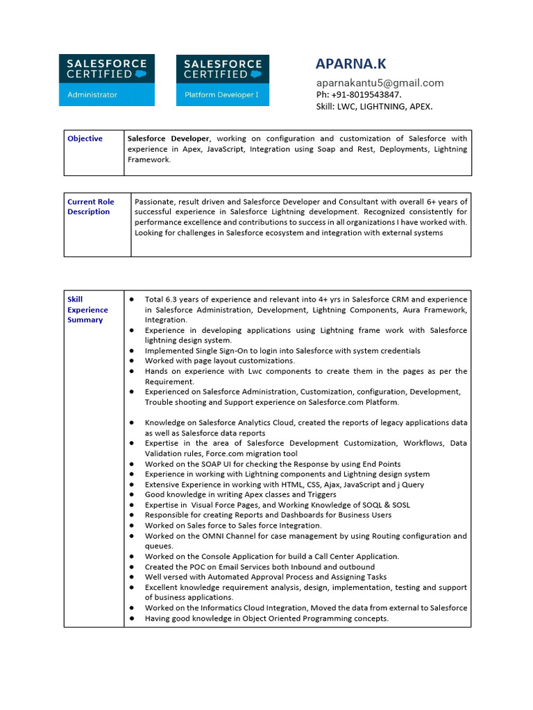 Salesforce Developer Profile: Aparna K | PDF | Java Script | Cloud ...