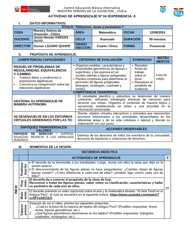 ACTIVIDAD DE APRENDIZAJE 4 - MATEMATICA - 4to - EXP - 08 - IIIBIM | PDF ...