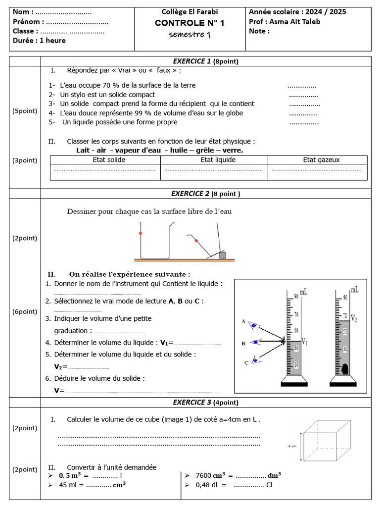 Contrôle de Physique Semestre 1 | PDF | Le volume | Phase (thermodynamique)