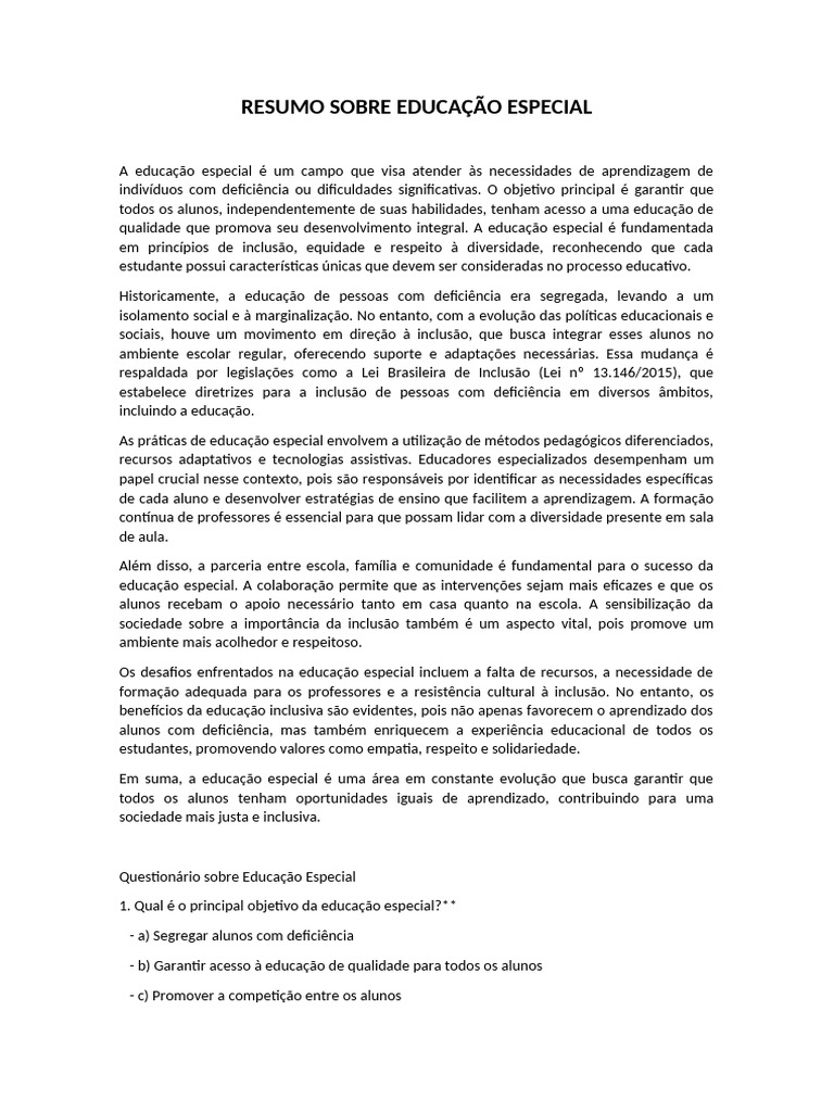 Resumo sobre Educação Especial | PDF | Educação Especial | Exclusão social