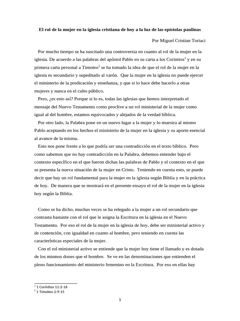 El Rol de La Mujer en La Iglesia Cristiana de Hoy A La Luz de Las ...
