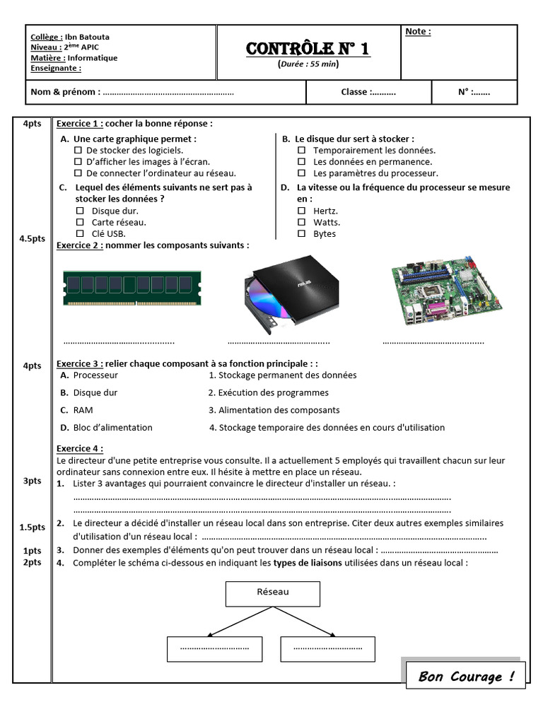 Contrôle Informatique 2ème APIC | PDF | Disque dur | Informatique