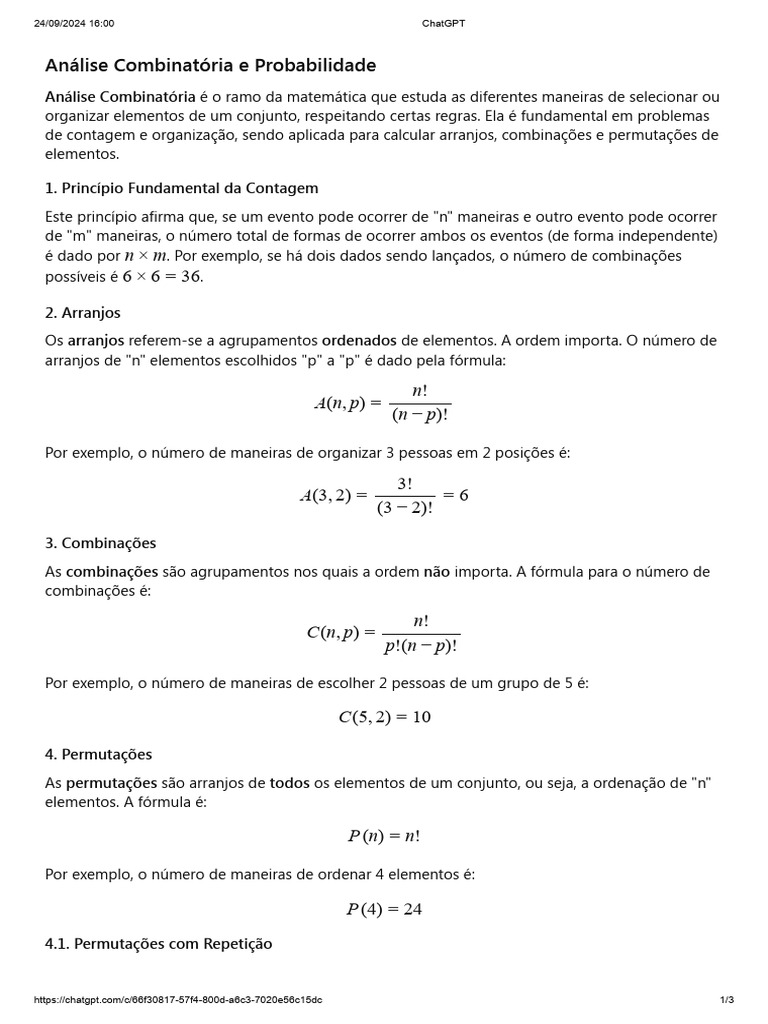 Análise Combinatória e Probabilidade | PDF | Combinatória | Conceitos ...