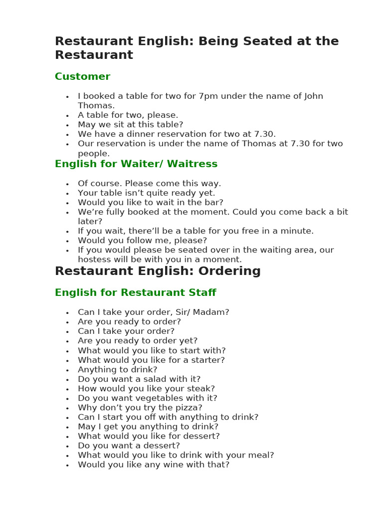 Restaurant English | PDF | Waiting Staff | Restaurants