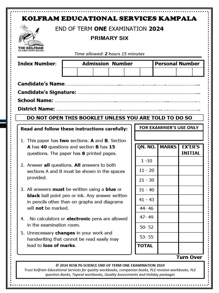 P6 Science End of Term 1 Exam 2024 | PDF | Carbonated Water