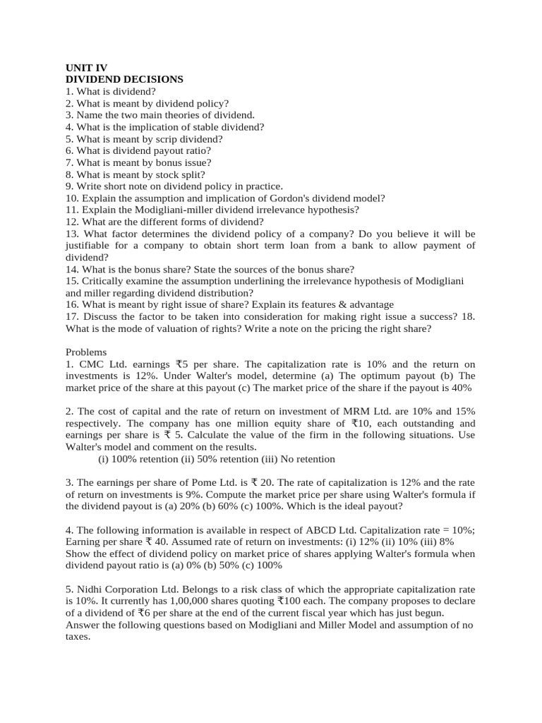 Unit Iv Dividend Decisions Pdf Dividend Cost Of Capital