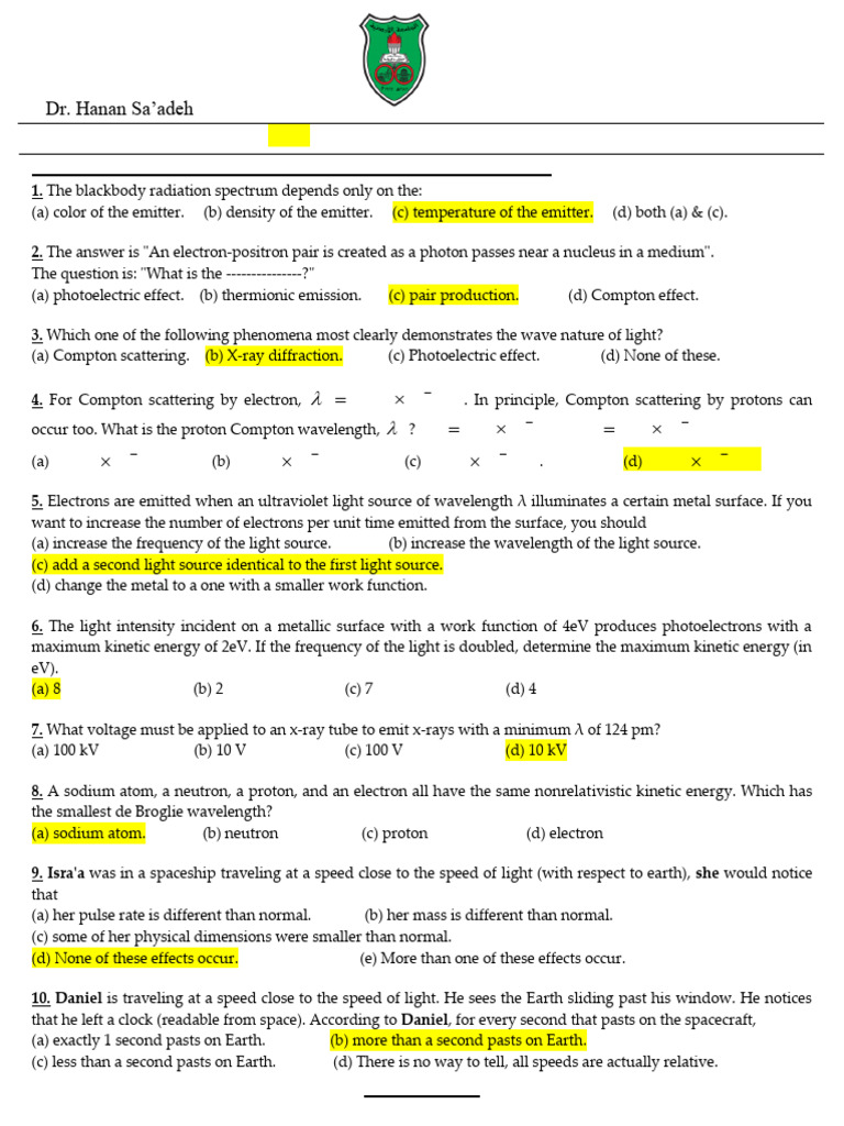 University of Jordan Modern Physics Exam | PDF | Photoelectric Effect ...