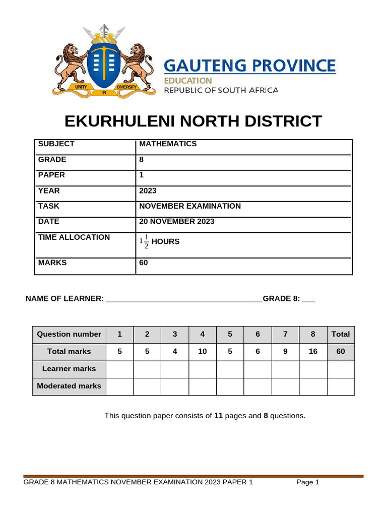 Grade 8 Mathematics Exam Paper 2023 | PDF | Multiple Choice | Mathematics